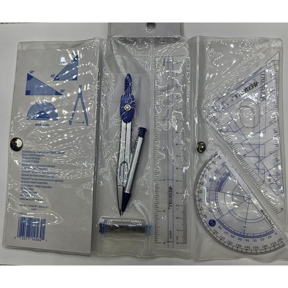 Westcott 14564 Geometry Set Kit Compass Protractor Triangles Ruler Storage Pouch - Picture 3 of 8